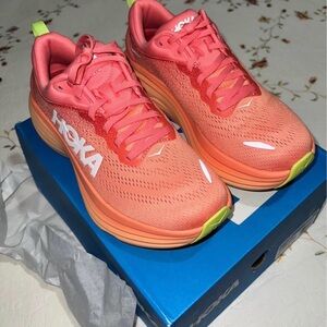 Hoka Women's Coral and Lime Athletic Shoes
